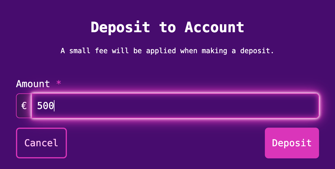 Deposit to account screen with amount field